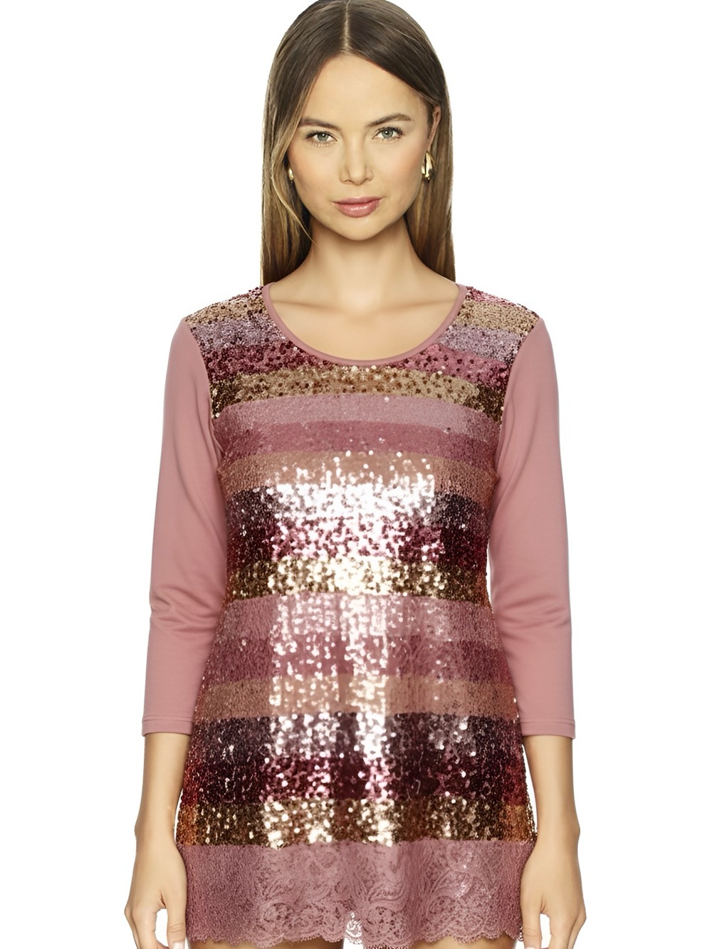 QVC Sequin Stripe Rustic Pink Women's Cotton Blend Tunic Top XS
